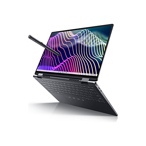 Un ordinateur portable gris avec un stylet, à moitié ouvert, écran avec des lignes colorées abstraites, fond blanc.