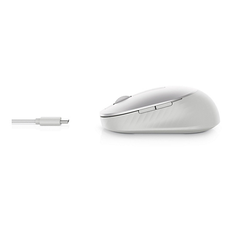 Drahtlose, weiße Maus mit Ladekabel. Maus mit abgerundeten Formen, USB-C Kabel links.