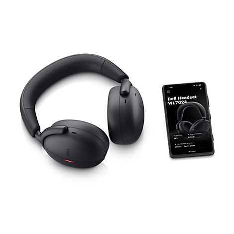 Schwarzer Over-Ear-Kopfhörer mit einer Smartphone-App, die Informationen anzeigt. Auf dem Smartphone-Display steht Dell Headset WL7024.