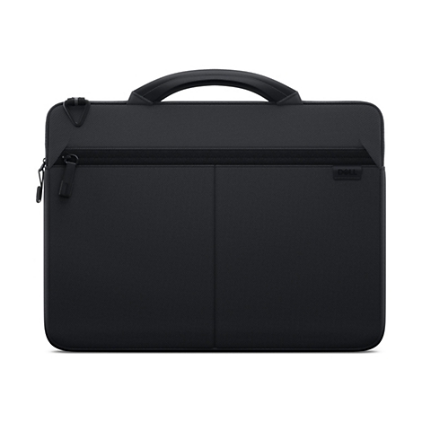 Schwarze Laptoptasche mit Tragegriff, Reißverschlüssen und „DELL“-Logo.