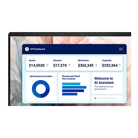 Ein Laptop zeigt ein CFO-Dashboard mit Finanzdaten und einem KI-Assistenten-Interface.
