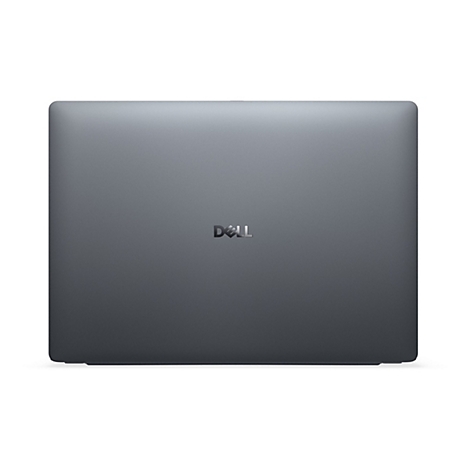 Grauer Laptop, RÃ¼ckansicht, Dell Logo mittig.