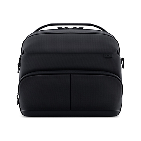 Schwarzer Laptop-Rucksack mit Dell-Logo, Details der Textur erkennbar, vor weißem Hintergrund.