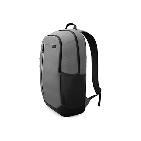 Grauer Laptop-Rucksack mit schwarzem Reißverschluss und Seitentasche. Das Logo "DELL" ist sichtbar.