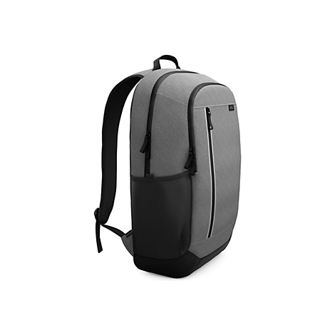 Grauer Rucksack mit schwarzen Details. Eine Tasche, mehrere Reißverschlüsse und ein Tragegriff.