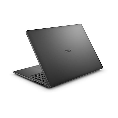 Dunkelgraues Dell Laptop im Dreiviertel-Profil. Der Bildschirm ist leicht geöffnet, das Dell-Logo ist sichtbar.