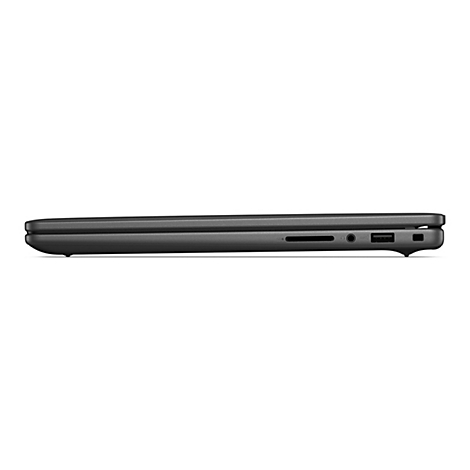 Seitenansicht eines geschlossenen, grauen Laptops. Oben befinden sich SD-Kartensteckplatz, Kopfhöreranschluss, USB-Anschluss und ein weiteres Loch.