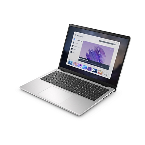 Ein silberner Laptop, geöffnet. Auf dem Bildschirm ist eine Anwendung mit lila Grafiken zu sehen, inklusive Text "Prompt/Describe".