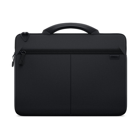 Schwarze Laptoptasche mit Tragegriff und Reißverschluss. Auf der Tasche ist das Dell-Logo zu sehen.