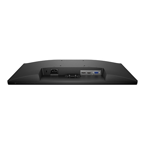 Rückseite eines schwarzen Monitors mit Anschlüssen, darunter Stromanschluss, HDMI, VGA.