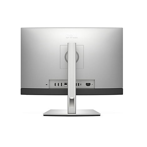 Rückansicht eines silbernen Dell All-in-One-Computers mit Anschlüssen, Dell-Logo oben mittig.