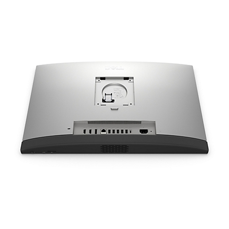 Rückseite eines silbernen Dell-All-in-One-Computers mit Anschlüssen, schwarzem Sockel und Dell-Logo.