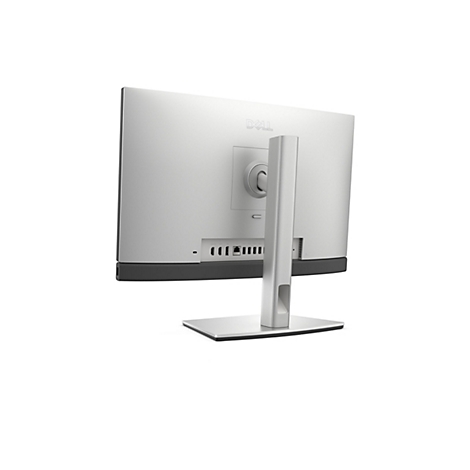 Rückansicht eines silbernen Dell-Monitors. Ein Standfuß und ein Ständer halten den Monitor. Auf der Rückseite sind Anschlüsse und das Dell-Logo.