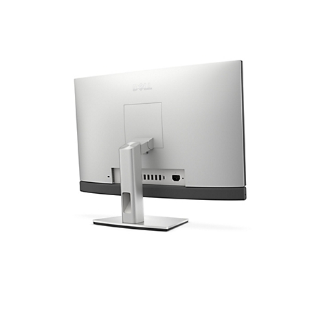 Rückseite eines Dell Monitors, silberfarben, mit Anschlüssen und Standfuß. Dell-Logo oben.