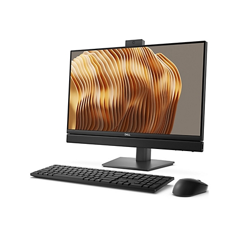 Un PC tout-en-un noir avec moniteur, clavier et souris. Sur l'écran, un motif abstrait en forme de vagues dans des tons bruns et beiges.