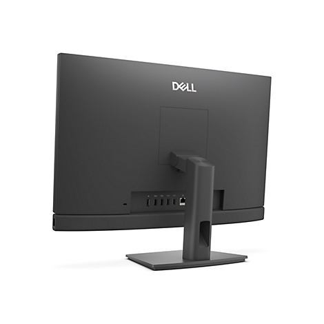 Vue arrière d'un ordinateur tout-en-un Dell gris, montrant les ports, le socle et le logo Dell.