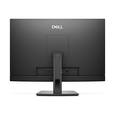 Rückseite eines schwarzen Dell Monitors mit Anschlüssen und Dell Logo.
