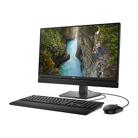 Ein schwarzer All-in-One-PC mit Tastatur und Maus. Auf dem Bildschirm ist eine Landschaft mit Wasserfall zu sehen.