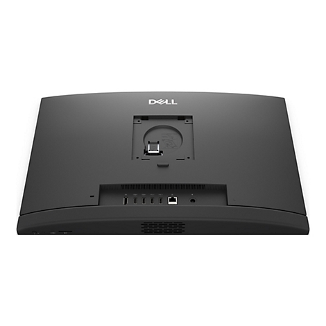 Rückseite eines schwarzen Dell All-in-One-Computers mit Anschlüssen, Logo und Halterung.