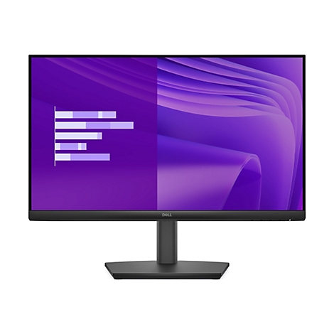 Ein Dell-Monitor vor weißem Hintergrund. Der Bildschirm zeigt ein violettes abstraktes Design, links Balkendiagramme.