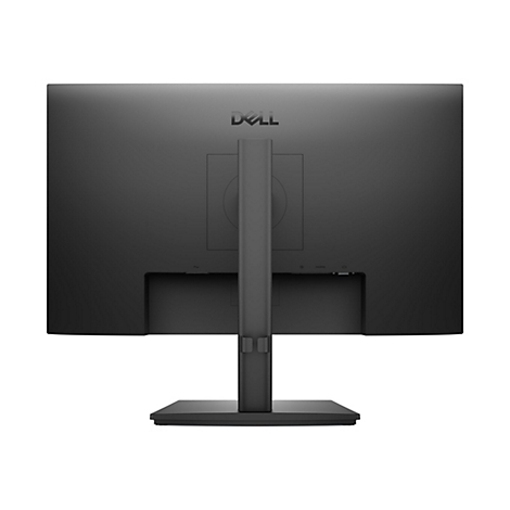 Arrière d'un écran Dell noir sur fond blanc. L'écran a un pied central, des ports et le logo Dell.