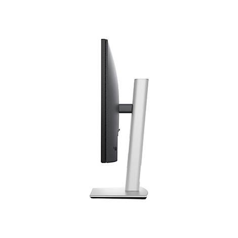 Seitenansicht eines schlanken, grauen Monitors mit einem silberfarbenen Ständer. Der Monitor hat schmale Ränder und eine Reihe von Belüftungslöchern.