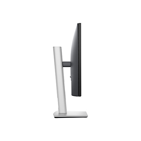 Seitenansicht eines schlanken, silbernen Monitors mit schwarzem Bildschirm. Der Monitor steht auf einem silbernen Fuß.