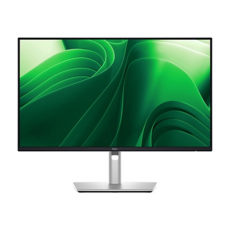 Ein Dell-Monitor vor weißem Hintergrund. Der Bildschirm zeigt ein abstraktes grünes Design. Der Ständer und Rahmen sind silber.