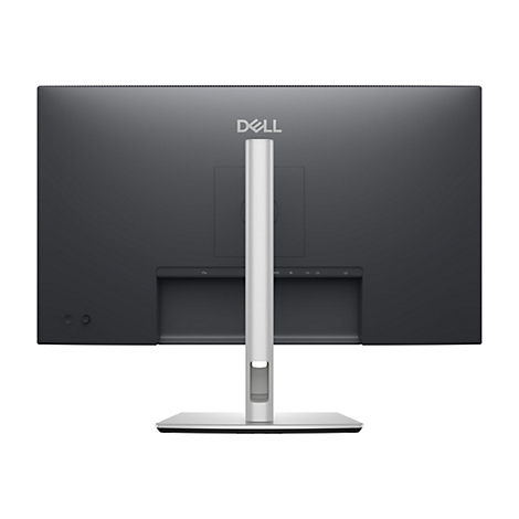 Arrière d'un moniteur Dell noir, avec logo, support argenté et ports.