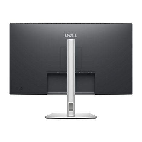 Arrière d'un moniteur Dell noir avec support argenté. Logo Dell centré en haut. Les ports sont en bas à droite.