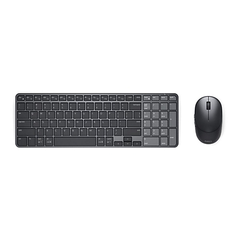 Draufsicht auf eine graue, kabellose Dell Tastatur und eine passende Computermaus vor weißem Hintergrund.