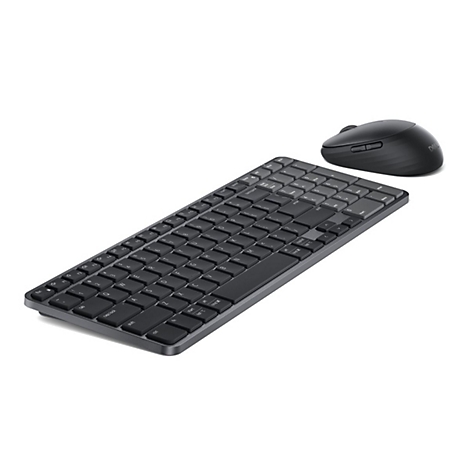 Schwarzes, kompaktes Dell-Tastatur- und Maus-Set vor weißem Hintergrund.