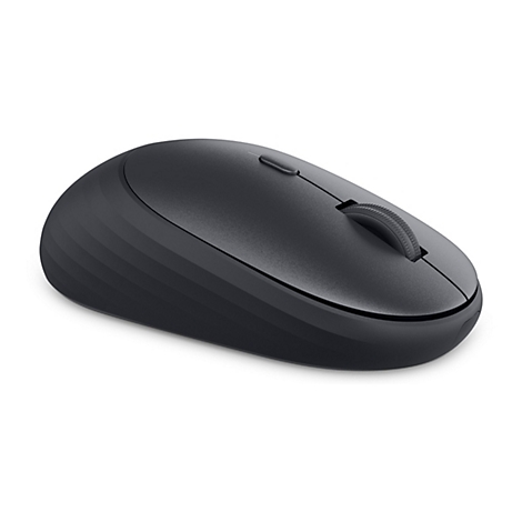 Souris noire sans fil sur fond blanc. Avec une molette de défilement et des encoches latérales.