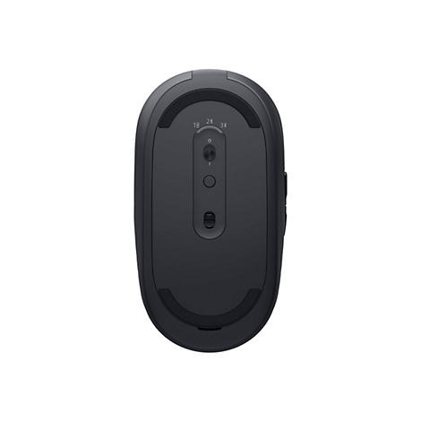 Vue de dessus d'une souris d'ordinateur noire. Le dessous comporte un bouton, un interrupteur et un indicateur de connexion.
