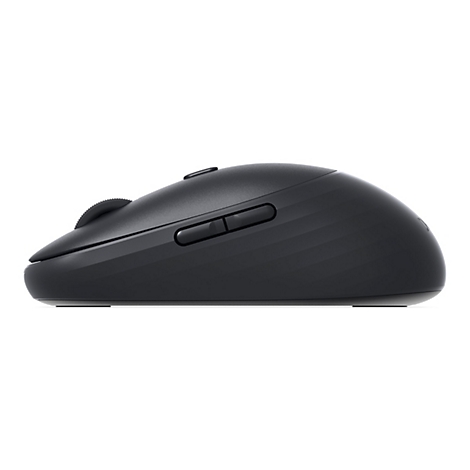 Vue latérale d'une souris sans fil noire. Il y a une molette de défilement et deux boutons sur le dessus. Le fond est blanc.