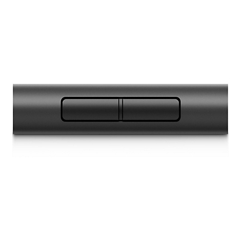 Nahaufnahme eines mattschwarzen zylindrischen Bedienelements mit zwei horizontal nebeneinander liegenden Tasten.