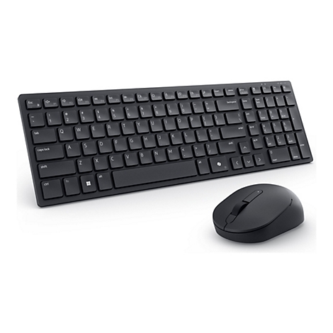 Draufsicht auf eine kabellose schwarze Tastatur und Maus. Die Tastatur ist flach und hat Tasten mit weißer Beschriftung, die Maus ist ergonomisch geformt.