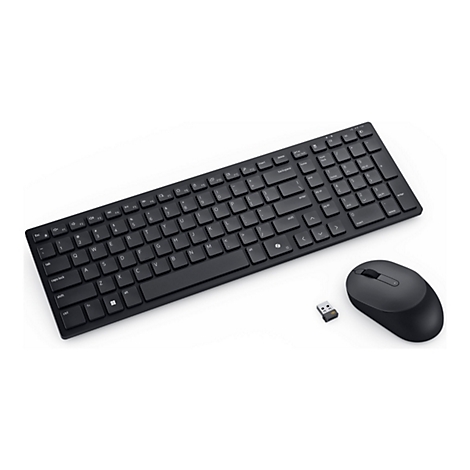 Schwarzes, drahtloses Tastatur-Maus-Set auf weißem Hintergrund. Die Tastatur hat flache Tasten. Daneben liegt eine Maus und ein USB-Empfänger.