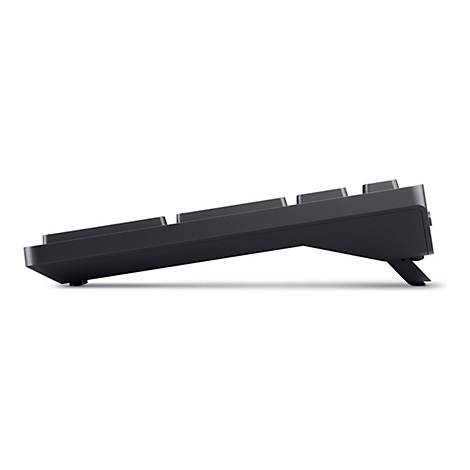 Schwarze Tastatur, Seitenansicht, angehoben durch einen Ständer. Tasten in Reihen angeordnet.