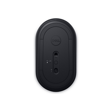 Draufsicht auf eine schwarze Dell-Maus. Auf der Unterseite befinden sich Bedienelemente und das Dell-Logo.