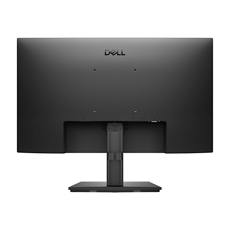 Rückansicht eines schwarzen Dell Monitors mit Standfuß. Die Rückseite zeigt das Dell-Logo und Anschlüsse.