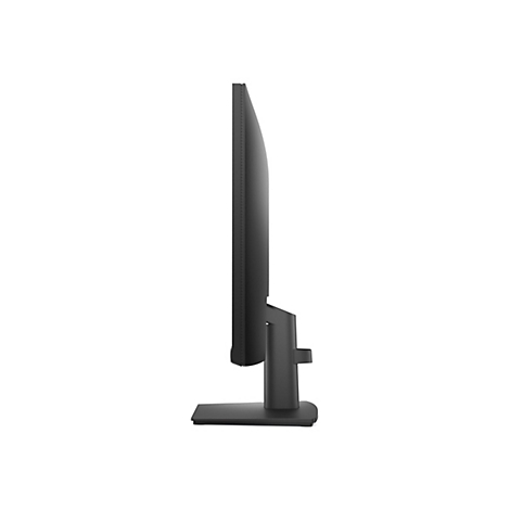 Seitenansicht eines schwarzen Monitors mit Standfuß. Der Bildschirm ist schmal und rechteckig, er sitzt auf einem stabilen, dunklen Standfuß.
