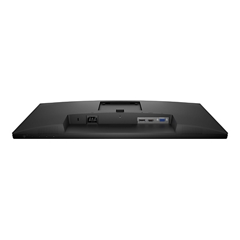 Rückseite eines schwarzen Monitors mit Anschlüssen für Strom, HDMI und VGA.