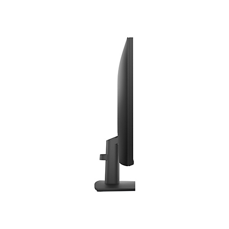 Seitenansicht eines schwarzen Computermonitors auf einem schlichten Standfuß vor weißem Hintergrund.