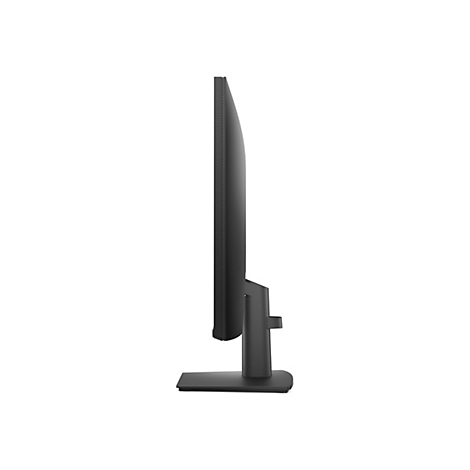 Seitenansicht eines schwarzen Computer-Monitors mit flachem Standfuß auf weißem Hintergrund.