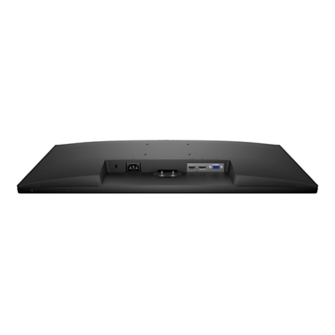 Rückseite eines schwarzen Monitors mit sichtbaren Anschlüssen für Strom, HDMI, DisplayPort und VGA.
