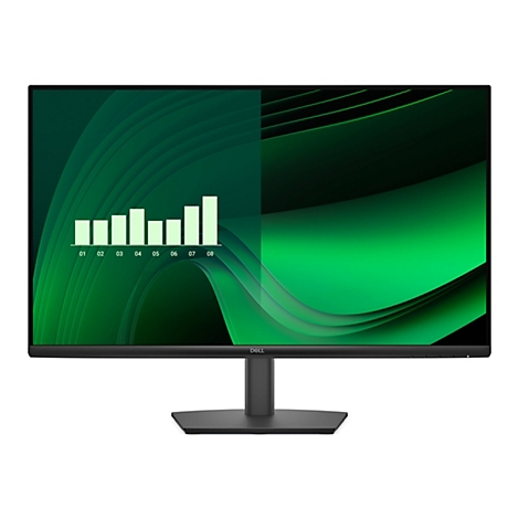 Schwarzer Dell Monitor mit grünem abstraktem Hintergrund und einem eingeblendeten Balkendiagramm.