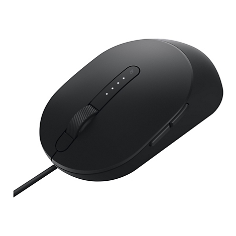 Schwarze Computermaus, leicht schräg von oben fotografiert, zeigt Tasten, ein Scrollrad und Status-LEDs. Kabel ist sichtbar.