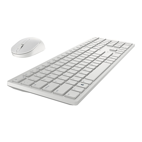 Ein weißes kabelloses Tastatur- und Maus-Set, vor weißem Hintergrund.