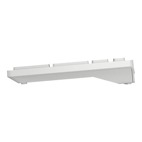 Weiße Tastatur in seitlicher Ansicht, vor weißem Hintergrund. Die Tasten sind hell und kantig.